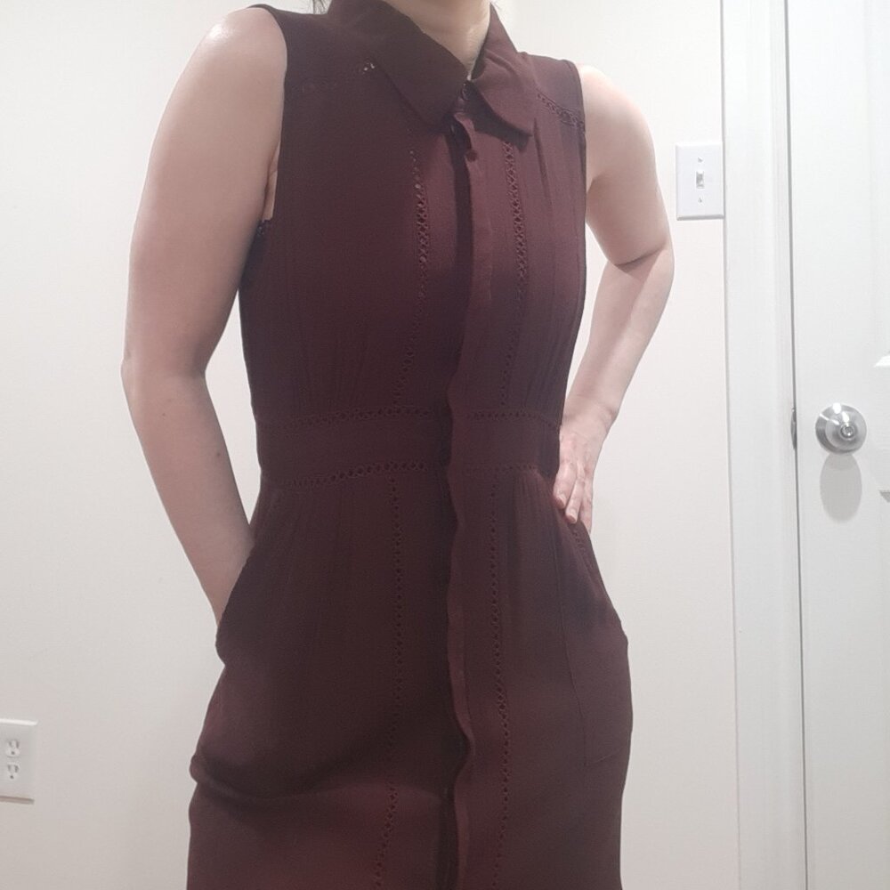 Bardot burgundy quiet luxury maxi midi shirt dress crochet detail side slit